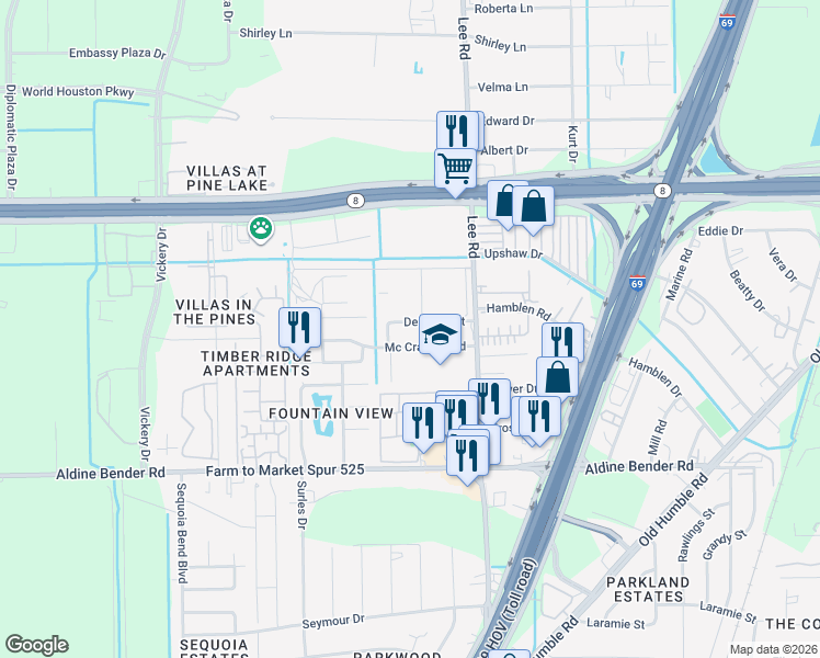 map of restaurants, bars, coffee shops, grocery stores, and more near 5710 Delmack Street in Houston