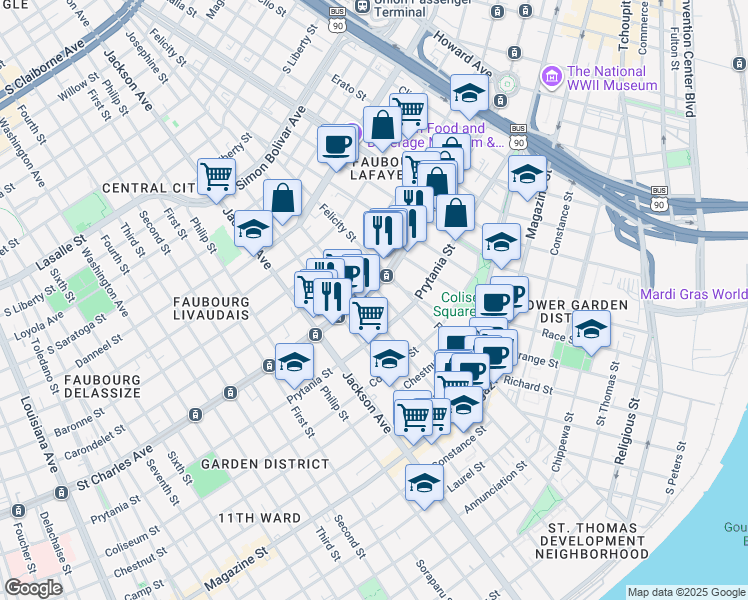 map of restaurants, bars, coffee shops, grocery stores, and more near 1912 Saint Charles Avenue in New Orleans