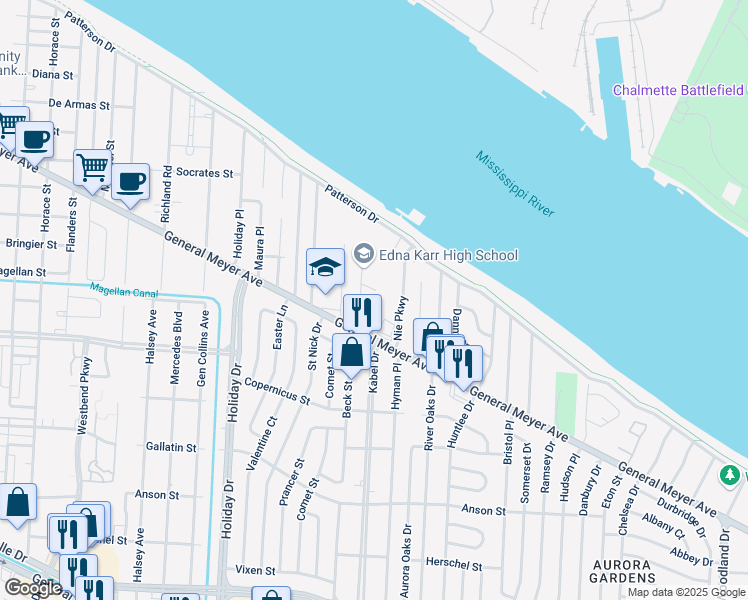 map of restaurants, bars, coffee shops, grocery stores, and more near 4502 General Meyer Avenue in New Orleans