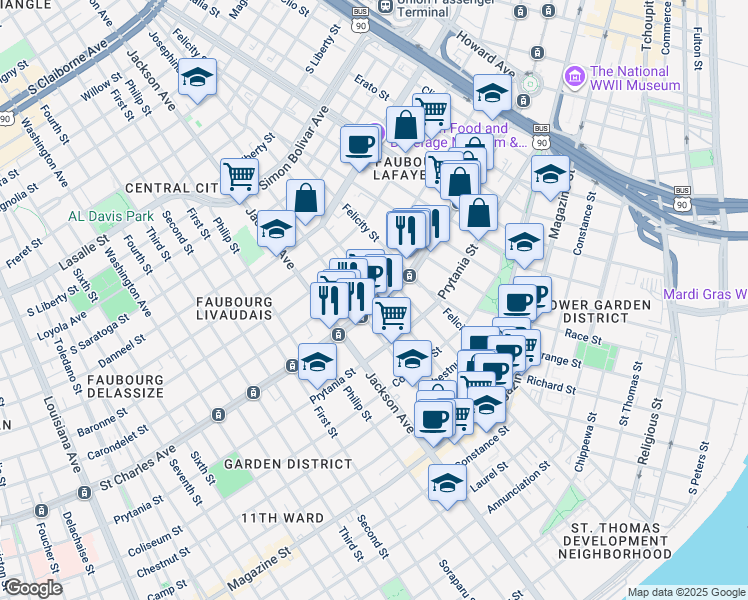 map of restaurants, bars, coffee shops, grocery stores, and more near 2009 Saint Charles Avenue in New Orleans