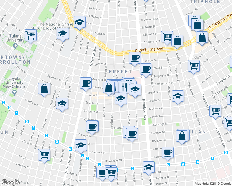 map of restaurants, bars, coffee shops, grocery stores, and more near 2522 Valence Street in New Orleans