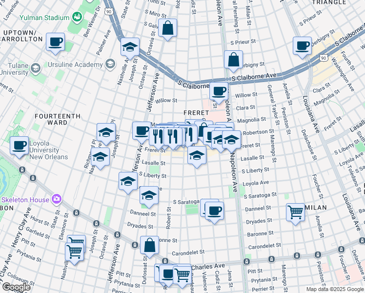 map of restaurants, bars, coffee shops, grocery stores, and more near 5001 Freret Street in New Orleans