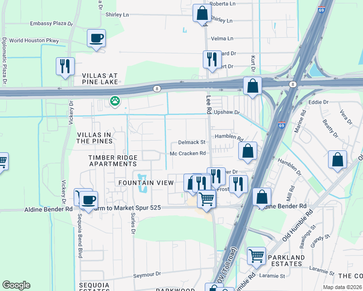map of restaurants, bars, coffee shops, grocery stores, and more near 5710 Delmack Street in Houston