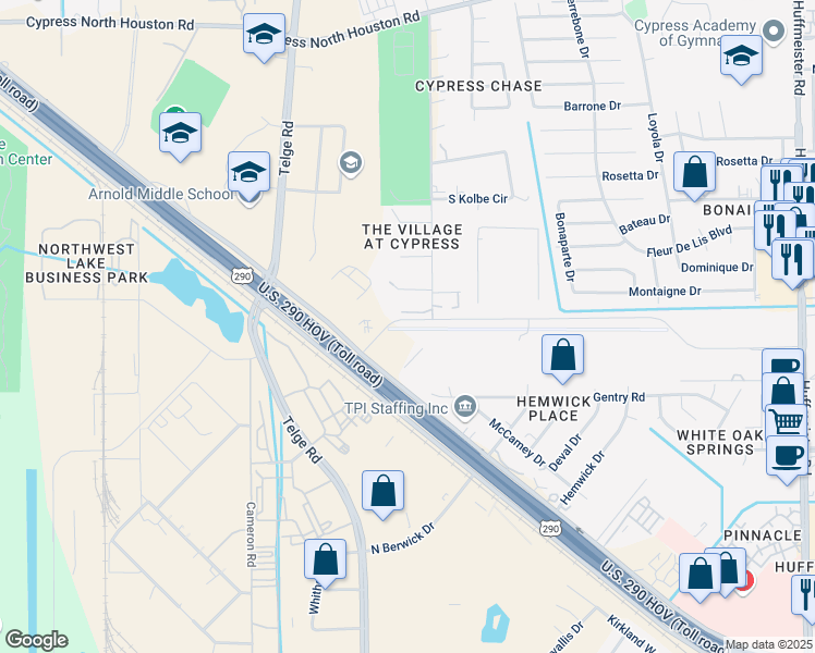 map of restaurants, bars, coffee shops, grocery stores, and more near 14619 Laura Circle in Cypress