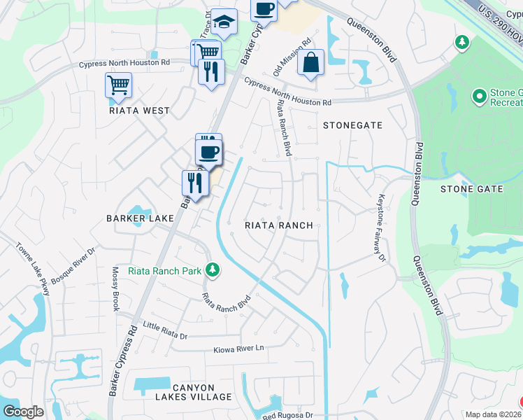 map of restaurants, bars, coffee shops, grocery stores, and more near 17606 Lonesome Dove Trail in Houston