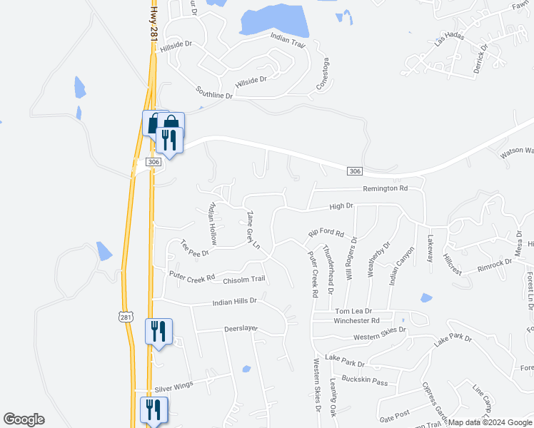 map of restaurants, bars, coffee shops, grocery stores, and more near 257 High Meadow Drive in Spring Branch