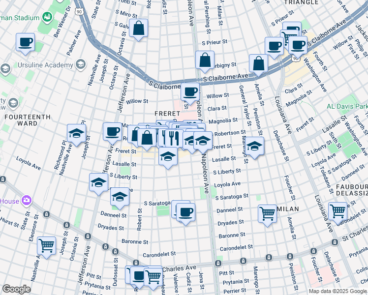map of restaurants, bars, coffee shops, grocery stores, and more near 4525 Freret Street in New Orleans