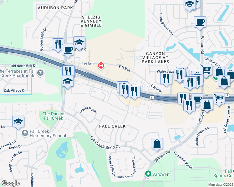 map of restaurants, bars, coffee shops, grocery stores, and more near 8540 North Sam Houston Parkway East in Humble