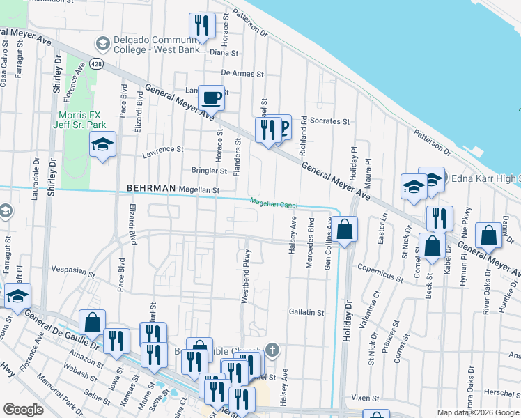 map of restaurants, bars, coffee shops, grocery stores, and more near 3530 Catalina Drive in New Orleans