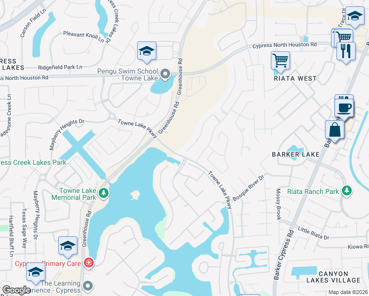 map of restaurants, bars, coffee shops, grocery stores, and more near 18014 Blue Ridge Shores Drive in Cypress