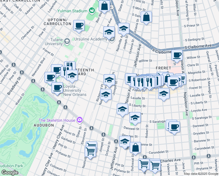 map of restaurants, bars, coffee shops, grocery stores, and more near 5624 Freret Street in New Orleans