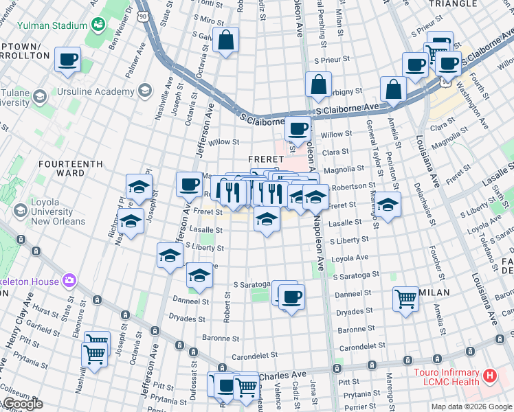 map of restaurants, bars, coffee shops, grocery stores, and more near 2522 Valence Street in New Orleans