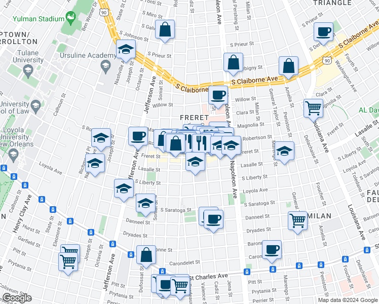 map of restaurants, bars, coffee shops, grocery stores, and more near 2514 Valence Street in New Orleans