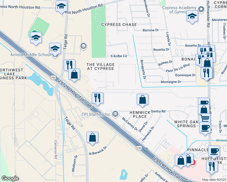 map of restaurants, bars, coffee shops, grocery stores, and more near 14503 Fallbrook Drive in Cypress