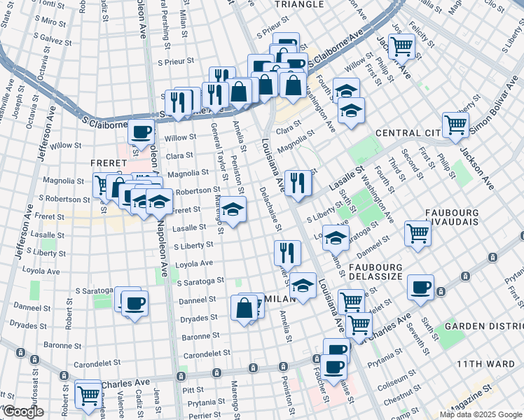 map of restaurants, bars, coffee shops, grocery stores, and more near 2433 Peniston Street in New Orleans