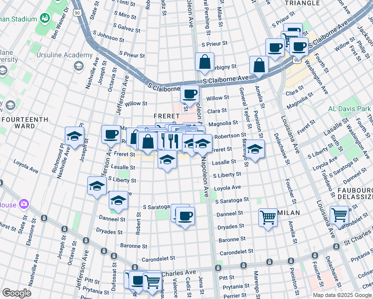 map of restaurants, bars, coffee shops, grocery stores, and more near 2519 Cadiz Street in New Orleans