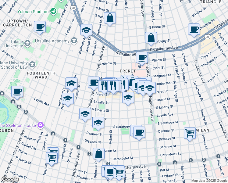 map of restaurants, bars, coffee shops, grocery stores, and more near 2317 Robert Street in New Orleans