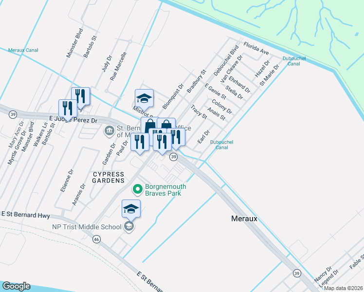 map of restaurants, bars, coffee shops, grocery stores, and more near 4400 Newport Drive in Meraux