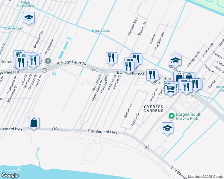 map of restaurants, bars, coffee shops, grocery stores, and more near 2420 Bartolo Street in Meraux