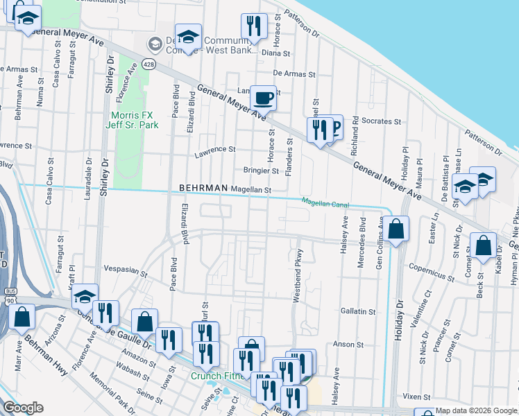 map of restaurants, bars, coffee shops, grocery stores, and more near 1826 Odeon Avenue in New Orleans