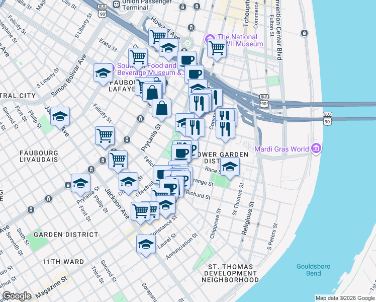 map of restaurants, bars, coffee shops, grocery stores, and more near 1432 Magazine Street in New Orleans