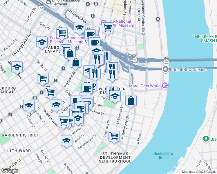 map of restaurants, bars, coffee shops, grocery stores, and more near 931 Euterpe Street in New Orleans