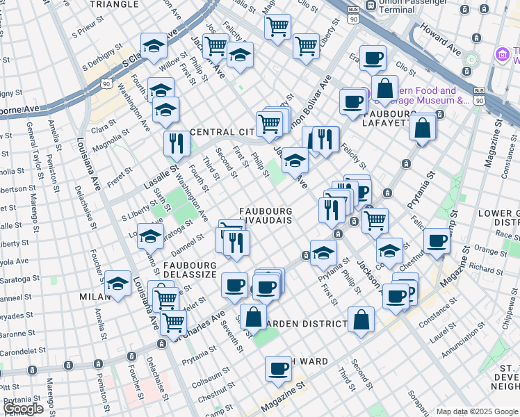 map of restaurants, bars, coffee shops, grocery stores, and more near 1921 Second Street in New Orleans