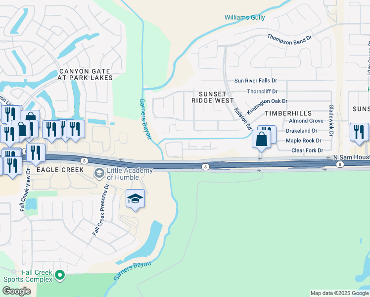 map of restaurants, bars, coffee shops, grocery stores, and more near 10373 North Sam Houston Parkway East in Humble