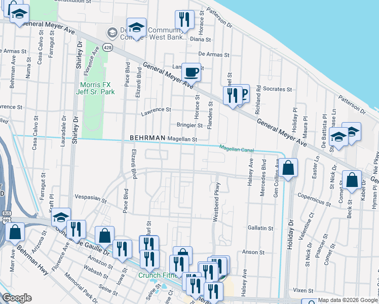 map of restaurants, bars, coffee shops, grocery stores, and more near 1826 Odeon Avenue in New Orleans