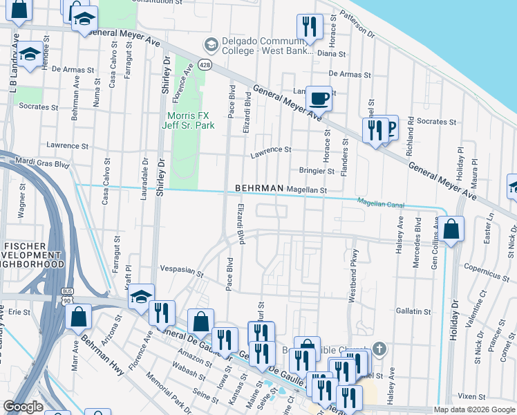map of restaurants, bars, coffee shops, grocery stores, and more near 2947 Americus Street in New Orleans