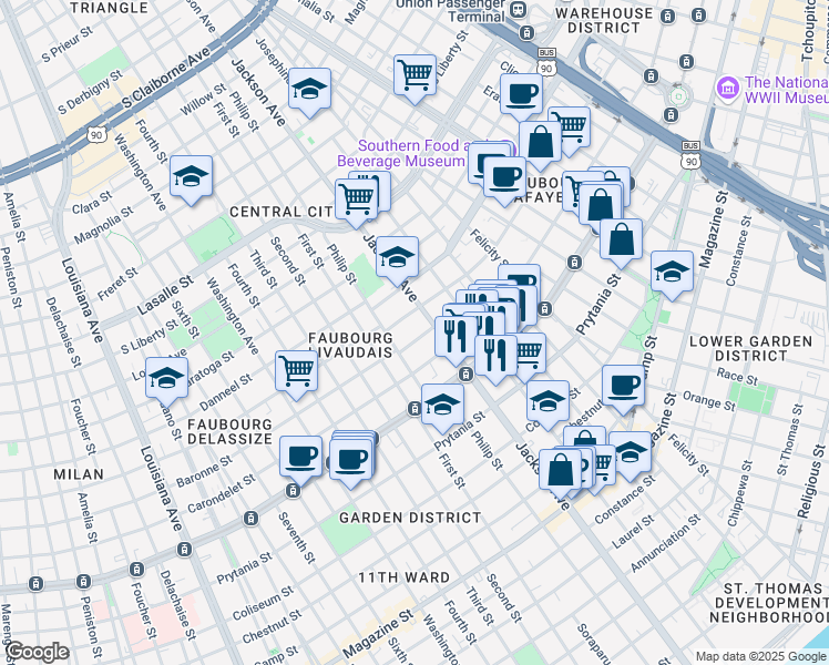 map of restaurants, bars, coffee shops, grocery stores, and more near 2221 Brainard Street in New Orleans