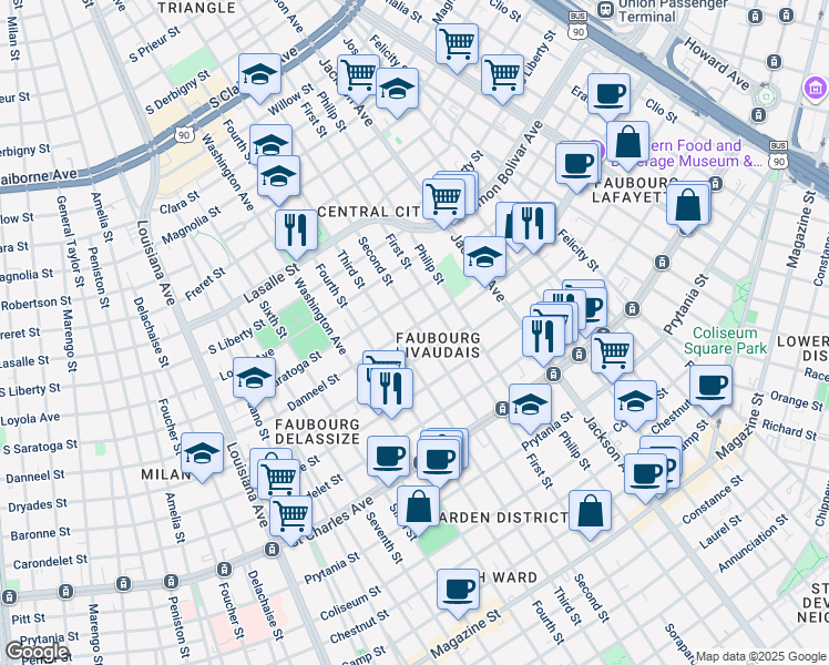 map of restaurants, bars, coffee shops, grocery stores, and more near 1921 Second Street in New Orleans