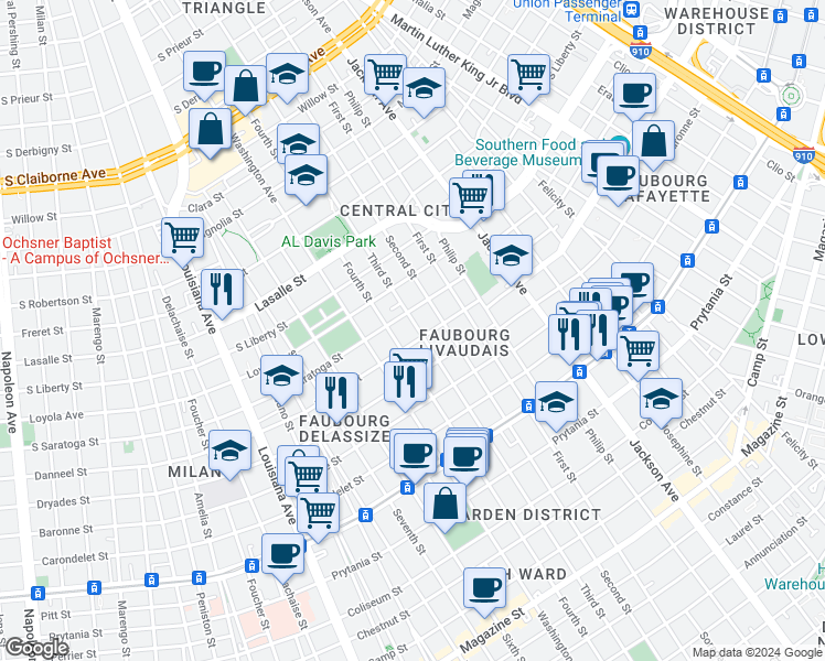 map of restaurants, bars, coffee shops, grocery stores, and more near 2014 Third Street in New Orleans