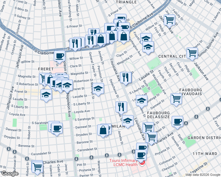map of restaurants, bars, coffee shops, grocery stores, and more near 2433 Peniston Street in New Orleans