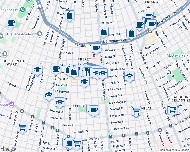 map of restaurants, bars, coffee shops, grocery stores, and more near 2519 Cadiz Street in New Orleans