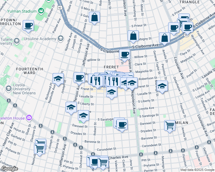 map of restaurants, bars, coffee shops, grocery stores, and more near 2516 Valence Street in New Orleans