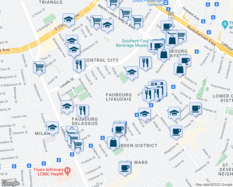 map of restaurants, bars, coffee shops, grocery stores, and more near 1921 Second Street in New Orleans