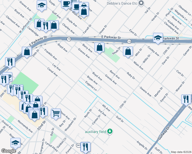 map of restaurants, bars, coffee shops, grocery stores, and more near 3200 Bryan Avenue in Groves