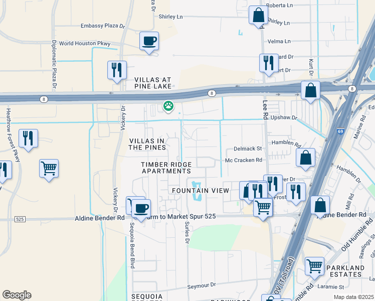 map of restaurants, bars, coffee shops, grocery stores, and more near 5410 Farley Drive in Houston
