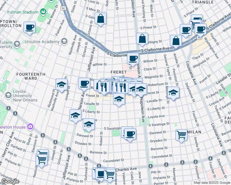 map of restaurants, bars, coffee shops, grocery stores, and more near 2518 Valence Street in New Orleans