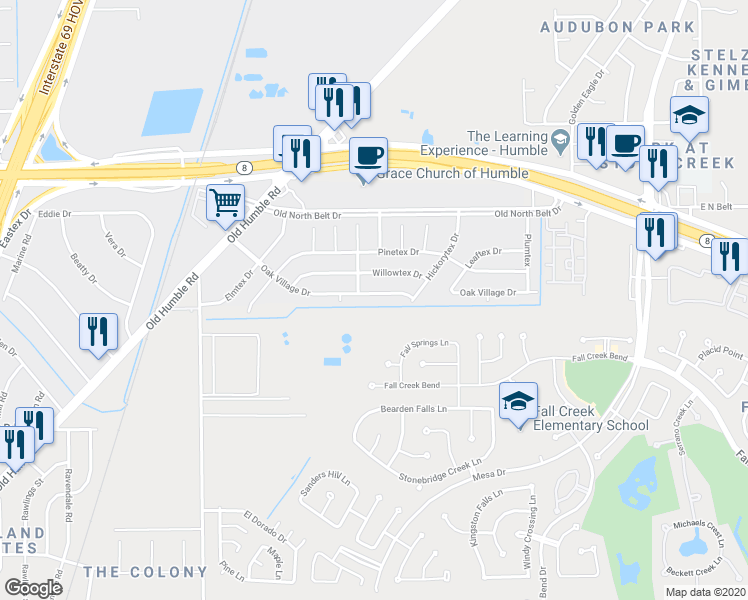 map of restaurants, bars, coffee shops, grocery stores, and more near 7214 Oak Village Drive in Humble
