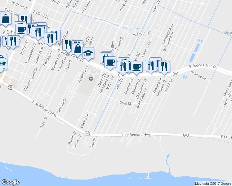 map of restaurants, bars, coffee shops, grocery stores, and more near 2413 Gallo Drive in Chalmette