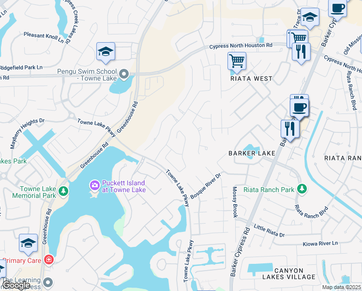 map of restaurants, bars, coffee shops, grocery stores, and more near 17930 Bandera Ridge Lane in Cypress