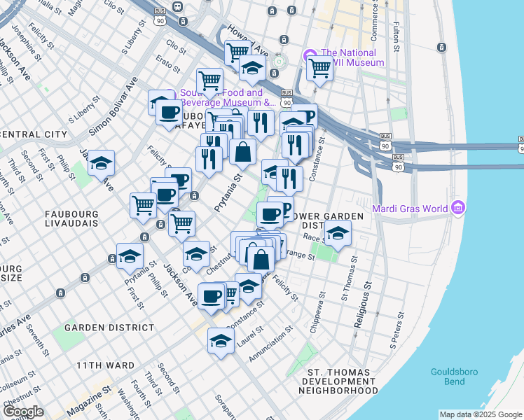 map of restaurants, bars, coffee shops, grocery stores, and more near 1486 Camp Street in New Orleans