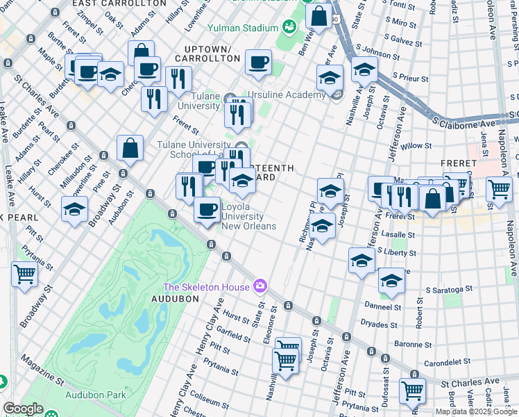 map of restaurants, bars, coffee shops, grocery stores, and more near 1904 Palmer Avenue in New Orleans