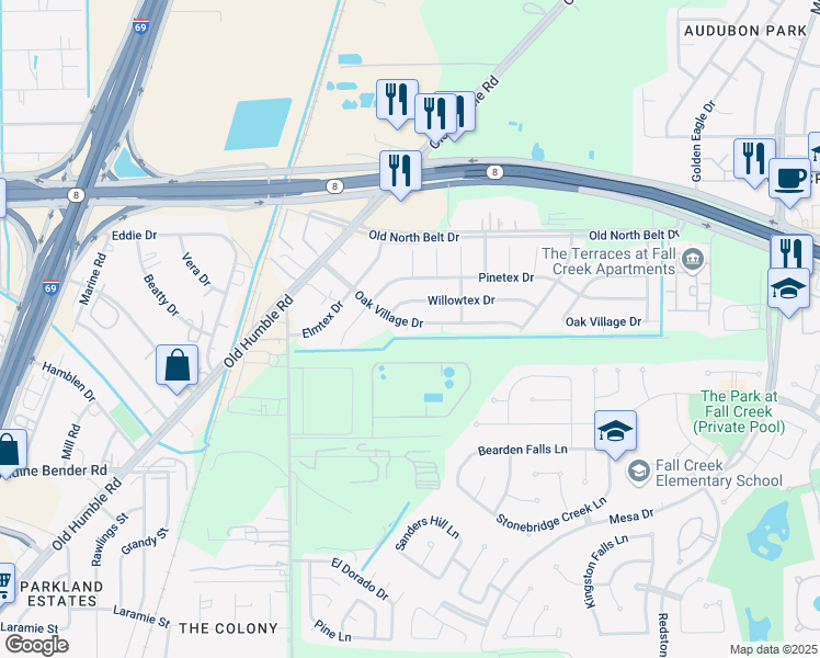 map of restaurants, bars, coffee shops, grocery stores, and more near 7034 Oak Village Drive in Humble