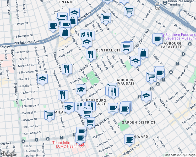map of restaurants, bars, coffee shops, grocery stores, and more near 2110 Washington Avenue in New Orleans