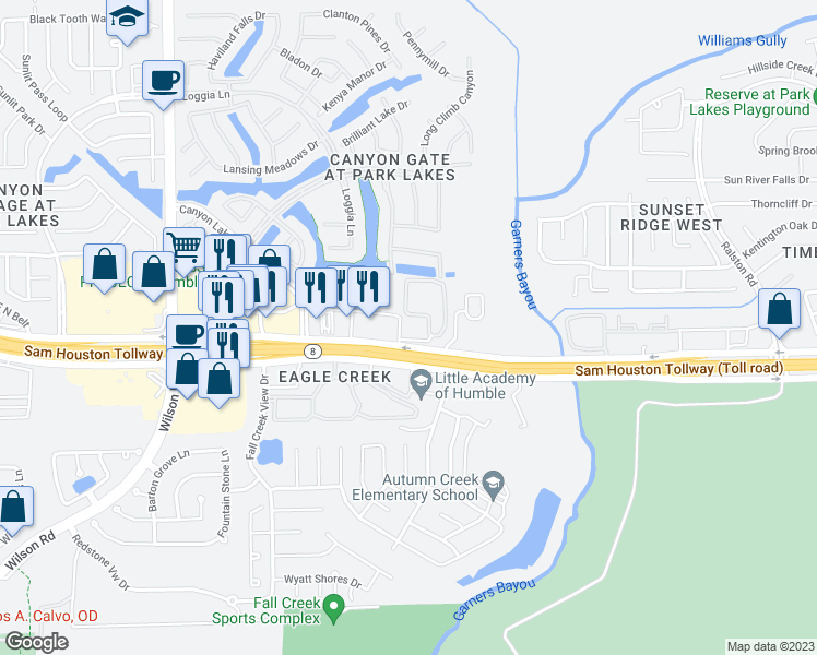 map of restaurants, bars, coffee shops, grocery stores, and more near 9825 North Sam Houston Parkway East in Humble