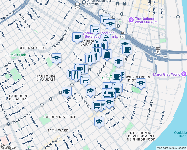 map of restaurants, bars, coffee shops, grocery stores, and more near 1520 Felicity Street in New Orleans