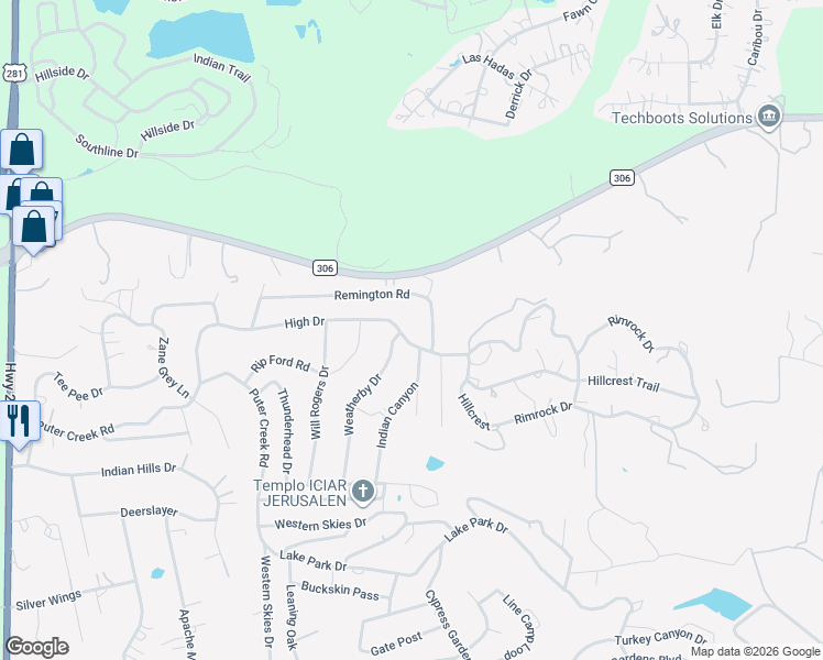 map of restaurants, bars, coffee shops, grocery stores, and more near 800 High Drive in Spring Branch